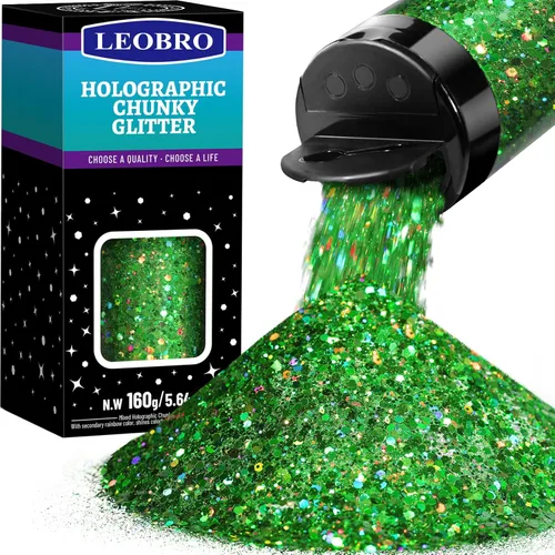 Leobro - Purpurina verde, 160g/5.64oz de purpurina gruesa holográfica para manualidades, resina, uñas, cuerpo, vasos, decoraciones de fiesta Verde