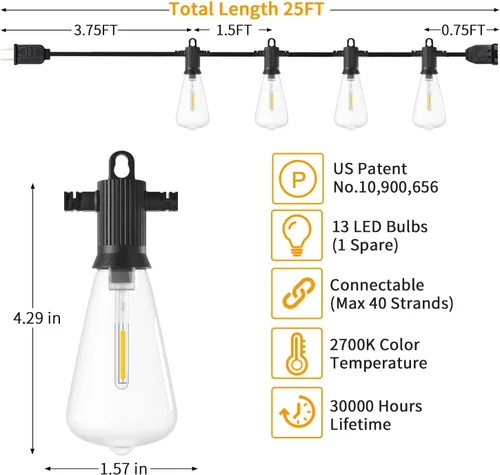 Miniatura 3 de ZOTOYI Luces de Cadena para Exteriores de 25 Pies, Luces de Patio Impermeables IP65 con 13 Bombillas LED ST38 Irrompibles, Luz Colgante Exterior
