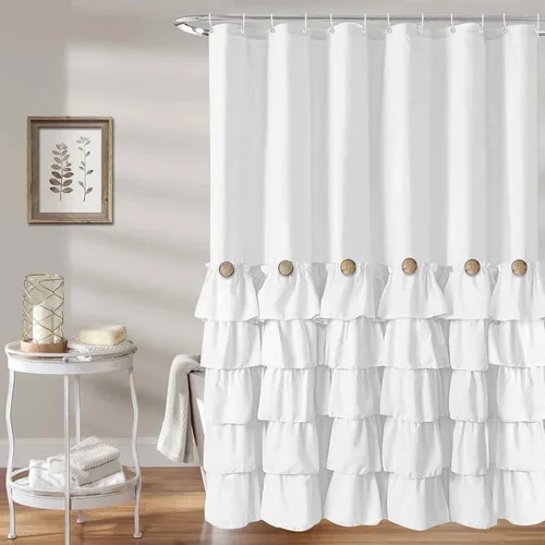 Cortina de ducha Seasonwood de volantes blancos estilo granja, cortina de ducha vintage de 72 x 72 pulgadas con botones y volantes blancos para