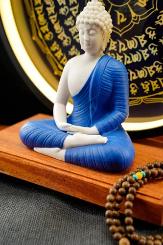 Miniatura 3 de Houlu Lámpara de mesa LED con estatua de Buda azul y círculo, estatua de Buda de cerámica para decoración del hogar