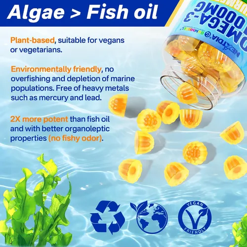 Miniatura 6 de Gomitas veganas Omega-3 de 1000 mg + cúrcuma, alternativa al aceite de pescado Omega 3 para adultos, algas DHA de 600 mg y EPA 300 mg, vitaminas A