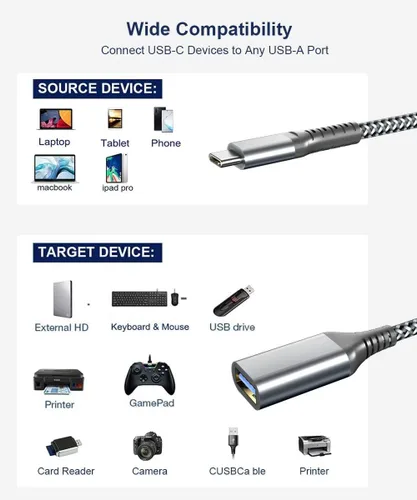 Miniatura 7 de Cable OTG USB C a USB hembra de 6.6 ft, extensión OTG USB-A 3.0 para unidad flash, teclado y mouse, adaptador tipo C macho a USB compatible