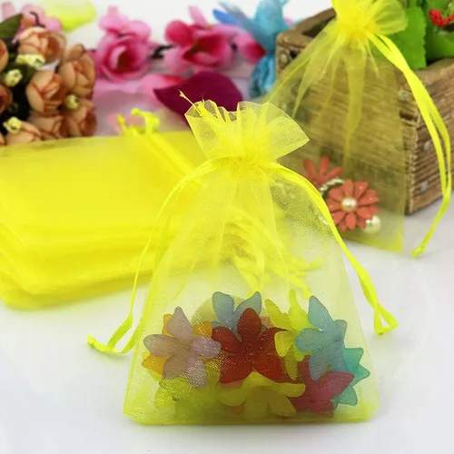 Miniatura 5 de Bolsas de regalo de organza de 5 x 7 pulgadas con cordón para joyas, dulces, juego de 100 sobres amarillos, bolsas de almacenamiento de malla