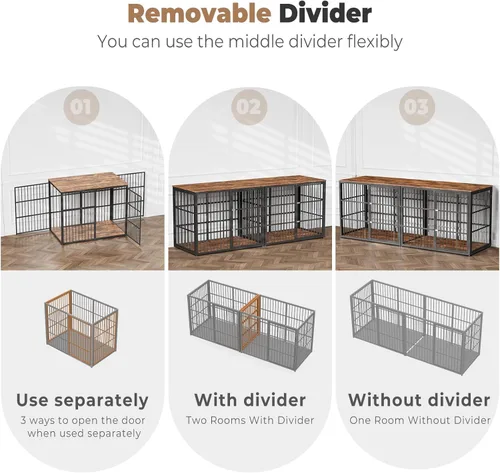 Miniatura 5 de Lyromix 94.48'' Mueble de jaula para perros de raza grande con soporte para TV de dos habitaciones, mesa auxiliar de jaula para perros de madera