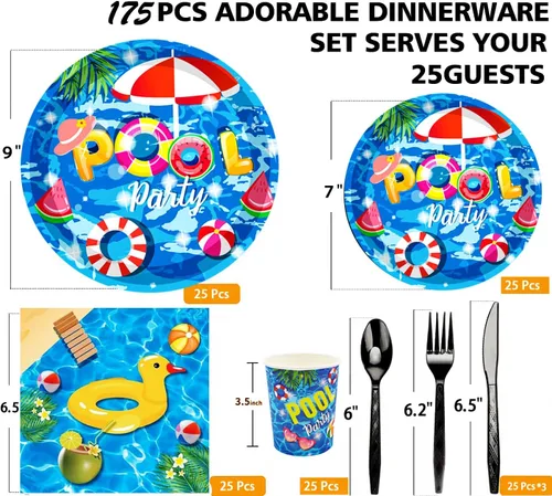 Miniatura 2 de Juego de 175 piezas de suministros para fiesta de piscina, juego de fiesta de playa de 9 pulgadas, platos de fiesta de piscina, 7 pulgadas, plato