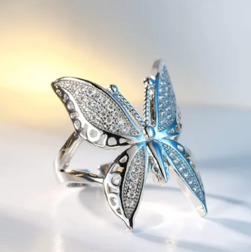 Miniatura 5 de Awmnjtmgpw - Anillo de compromiso de plata de ley 925 con diseño de mariposa brillante, plegable, con apertura ajustable