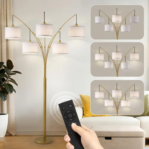 Miniatura 18 de Lámpara de pie con control remoto, lámparas de pie de arco de 3 luces para sala de estar, lámparas de pie altas de 2400 lm con pantallas blancas