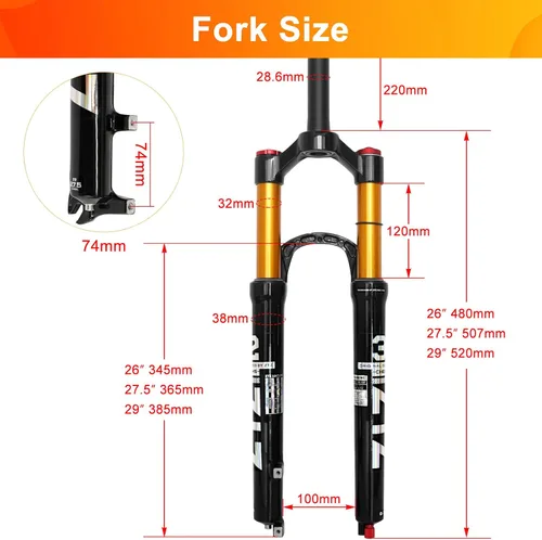 Miniatura 3 de Horquilla de suspensión neumática MTB de 26/27.5/29 pulgadas, viaje de 4.724 in, ajuste de rebote, tubo recto de 1 1/8, QR 0.354 in* 3.937 in