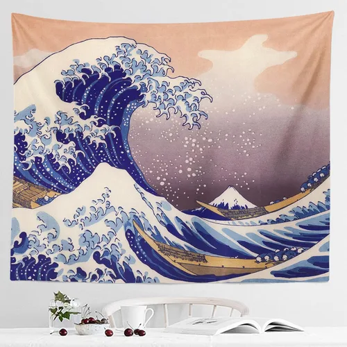 IcosaMro Tapiz de gran ola para dormitorio, arte para colgar en la pared, decoración de pared grande con bordes dobladillos, manta de pared de