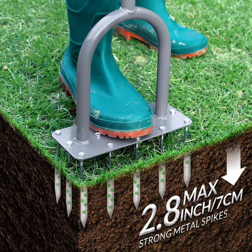 Miniatura 3 de Walensee Aireador de Césped con Picos de Metal Manual para Descompactar Suelo Aireando Césped con 15 Picos de Hierro, Herramientas Aireadoras