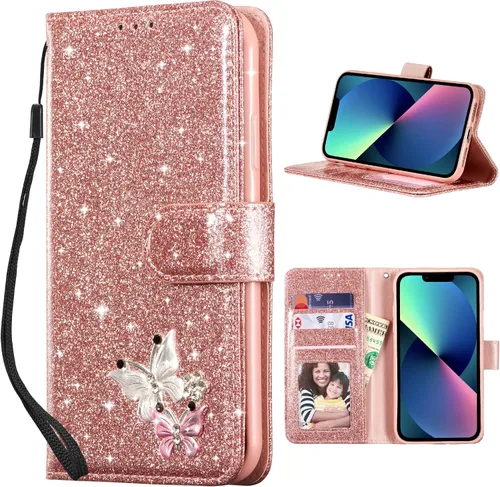 Miniatura 9 de UEEBAI Funda tipo cartera para iPhone 11, funda de piel sintética con purpurina para teléfono, ranuras para tarjetas, funda con función atril