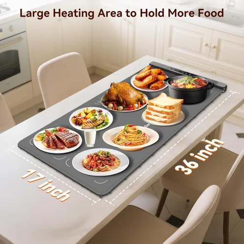 Miniatura 5 de Newise Tapete de calentamiento de alimentos de grafeno con control de doble zona, bandeja de calefacción eléctrica XXL de 36 x 17 pulgadas, 6 Gris