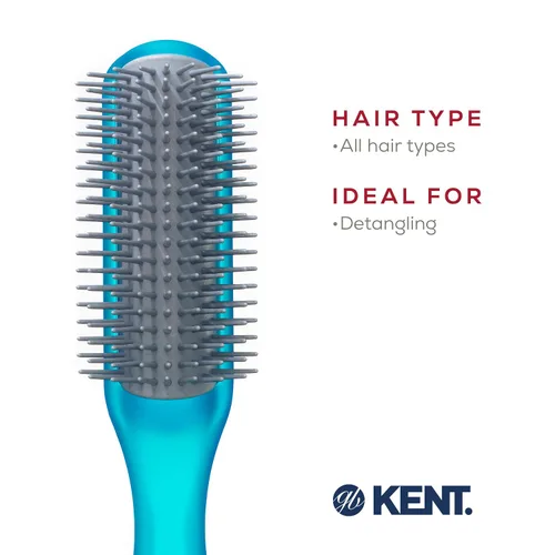 Miniatura 6 de Kent AHGLO01 Airhedz Glo Blue Cepillo de pelo desenredante estrecho medio redondo – 9 filas iónico antiestático no rayado largo cerdas de nailon