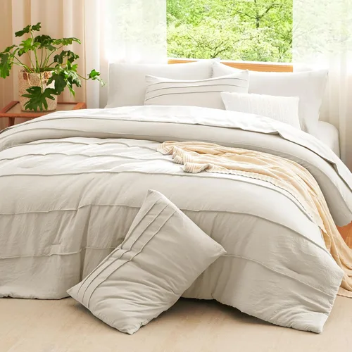 Miniatura 7 de CozyLux Juegos de Edredón Tamaño Full Beige, 7 Piezas Suave Plisado Pinch Pleat Cama en una Bolsa Juego de Edredón Full con Sábanas, Juego de Cama