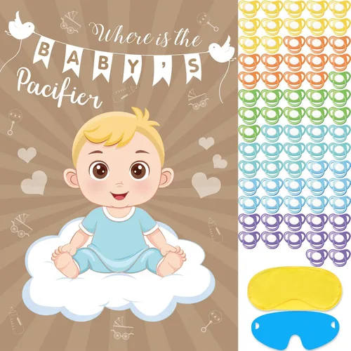 Hxezoc Pin de juego para baby shower, con 72 calcomanías para chupete, póster grande de juegos de fiesta de bebé para niños, baby shower,