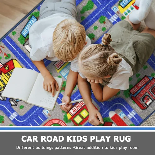 Miniatura 5 de Capslpad Alfombra Azul de Coche y Carretera para Niños, Alfombra de Juego para Sala de Juegos, Alfombra Antideslizante Lavable con Mapa de la Ciudad