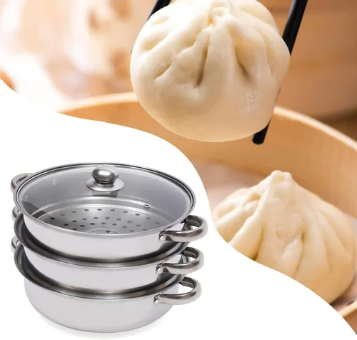Vaporizador de acero inoxidable de 3 niveles, olla de sopa de vapor herramienta de cocina con tapa de vidrio para uso en estufas de inducción