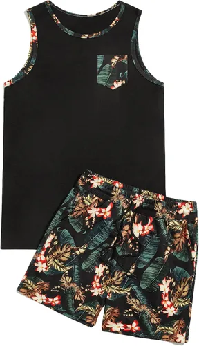 GORGLITTER Conjunto de 2 piezas para hombre con estampado floral, cintura elástica, pantalones cortos sin mangas, camiseta sin mangas