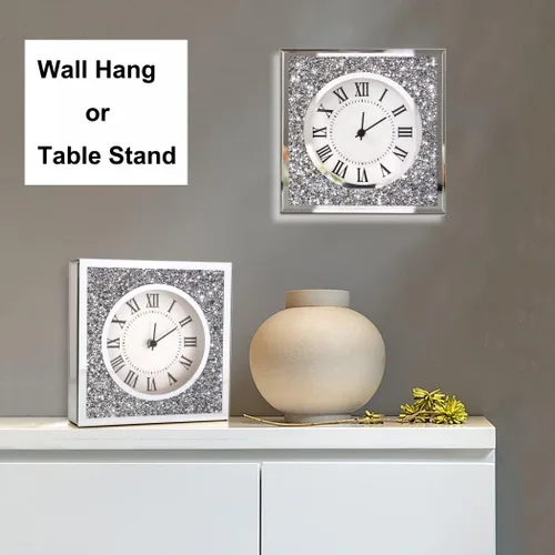 Miniatura 5 de ALLARTONLY Reloj de pared de escritorio de 8 x 8 x 2 pulgadas con diamantes triturados con espejo, reloj decorativo para decoración del hogar.
