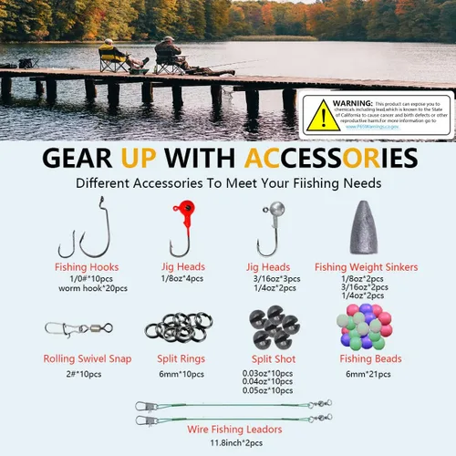 Miniatura 5 de Kit de señuelos de pesca, incluyendo cebos, anzuelos, palas, lombrices, plomos, ganchos, caja de aparejos y más equipo de pesca para truchas