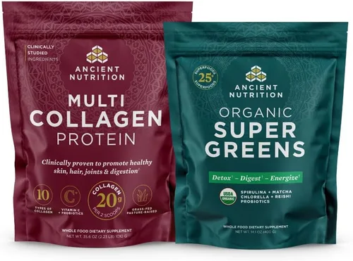 Ancient Nutrition Proteína en polvo de péptidos de colágeno múltiple, sin sabor, 100 porciones + polvo orgánico Supergreens, sin sabor, 50 porciones