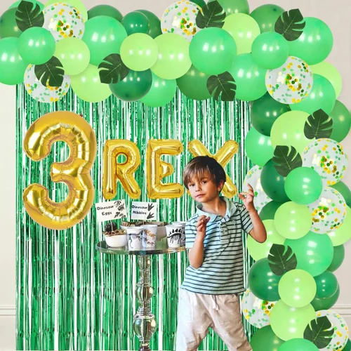 Miniatura 3 de Decoraciones de dinosaurio de tercer cumpleaños para niños, kit de guirnalda de globos de dinosaurio, 3 globos de aluminio REX, hojas artificiales