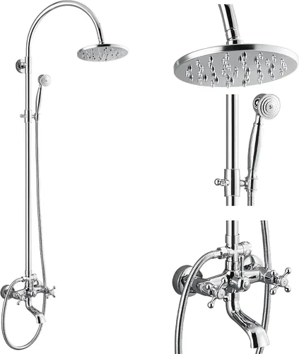 Miniatura 16 de gotonovo Grifo de ducha de baño expuesto, sistema de ducha montado en la pared, cabezal de ducha de 8 pulgadas y boquilla de bañera, asas cruzadas