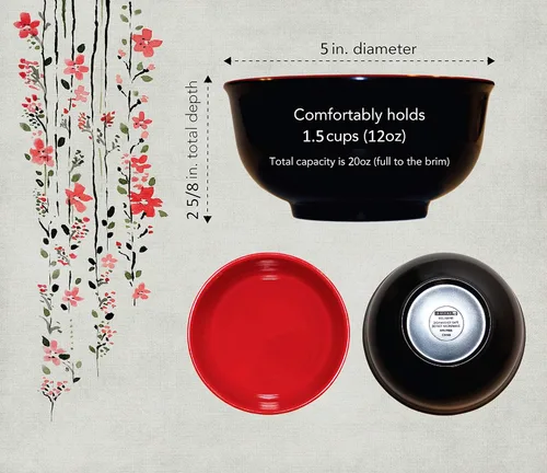 Miniatura 4 de Calvin & Co Juego de 4 cuencos y cucharas de melamina y miso para cereales de 5 pulgadas (pequeño, rojo y negro) 11 onzas líquidas