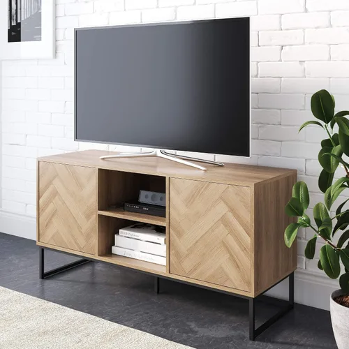 Miniatura 9 de Nathan James Mina - Soporte moderno de TV, gabinete de entretenimiento, consola con puertas de almacenamiento de ratán natural, detalles de latón