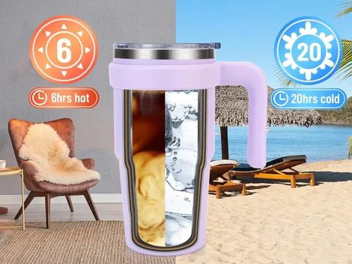 Miniatura 4 de Zukro Vaso de 20 onzas con asa, tapa y pajilla, forrado de cerámica, de acero inoxidable de doble pared aislada al vacío, tazas de café para hogar