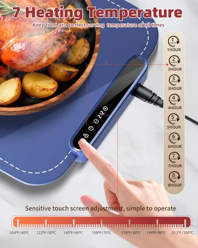 Miniatura 2 de Tapete de calentamiento para alimentos, bandeja de calentamiento eléctrico de calentamiento rápido mejorada con 7 niveles de temperatura y 8 Azul