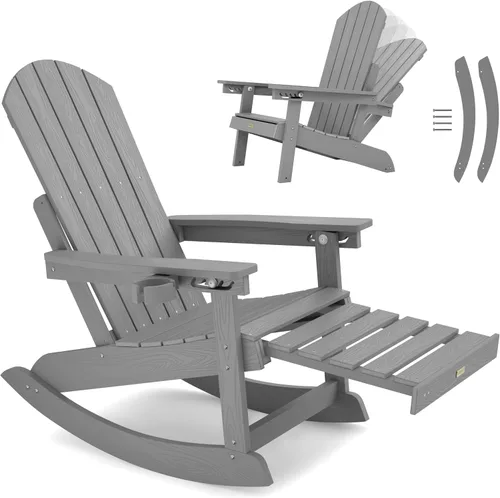 YEFU Sillas Adirondack con otomana retráctil: sillas mecedoras Adirondack de gran tamaño, respaldo alto ajustable de 5 niveles, balancín para Gris