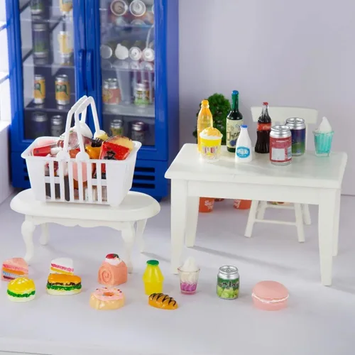 Miniatura 6 de 50 piezas de botellas en miniatura de comida y bebida, latas de refresco, accesorios de juego de cocina de simulación, juguetes de Hamburgo, pastel