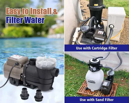Miniatura 6 de CIPU Bomba de piscina con temporizador de 2700 GPH 115 V, potente autocebante sobre el suelo, 0.35 HP con cesta de filtro de bajo ruido