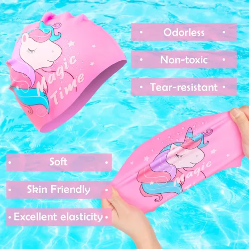 Miniatura 2 de Gorros de natación para niñas (de 2 a 6 años), gorro de natación de silicona impermeable duradero para cabello corto con gafas de natación, tapón