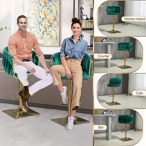 Miniatura 8 de Juego de 2 taburetes de bar giratorios de terciopelo, taburetes de bar ajustables y cómodos, silla de comedor moderna con respaldo tejido, taburetes