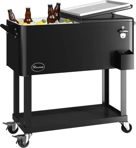 YITAHOME Carro enfriador con ruedas de 80 cuartos de galón con abridor de botellas, enfriador portátil para patio con ruedas, carrito de bebidas con
