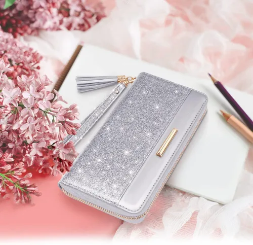 Miniatura 7 de Carteras para mujer, de piel sintética, tarjetero organizador con borla y correa de muñeca
