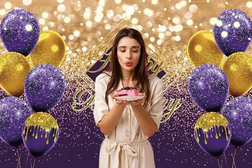 Miniatura 4 de Renaiss Telón de fondo violeta de 5 x 3 pies para sesión de fotos de niños, hombres y mujeres, retrato de globos dorados morados, fondo