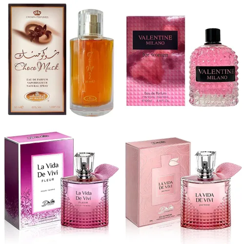 Miniatura 12 de AFLUXE Set de perfume para mujer, 4 piezas, colección Eau De Parfum de larga duración, almizcle Choco/Milano Mujer/6pm Rosa/7AM Fresh