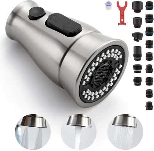 Miniatura 9 de TIORIY Repuesto de cabezal de grifo de cocina con 15 adaptadores, 3 modos de cabezal de repuesto de rociador de grifo de cocina, boquilla
