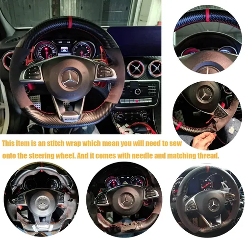 Miniatura 5 de Cubierta de volante de fibra de carbono mate negro y cuero de ante con costura manual, ajuste envolvente para Mercedes Benz W205/C43 GLA45 GLC43