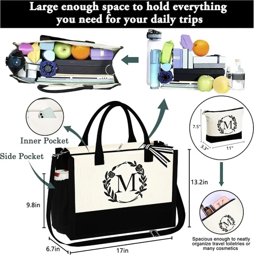 Miniatura 4 de Bolsa de lona con inicial, bolsa de playa, bolsa de maquillaje con cremallera, regalos personalizados para madres, amigas, regalos de cumpleaños