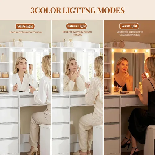 Miniatura 5 de HEXCELEN Tocador Grande de 47.2 Pulgadas con Espejo, Tocador con Luz LED, Tocador de Maquillaje con Regleta de Enchufes, 8 Cajones y 8 Estantes