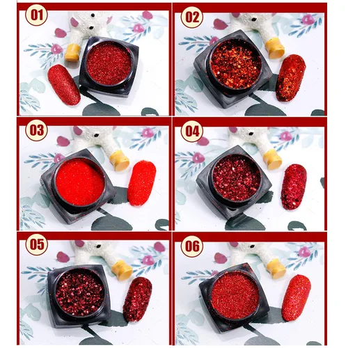 Miniatura 7 de Juego de 6 cajas de lentejuelas con purpurina para arte de uñas, polvo de diamante de cristal rojo, 3D, holográfico, escamas brillantes, juego