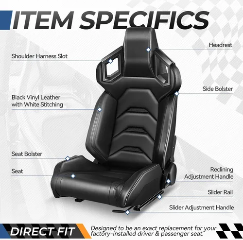 Miniatura 2 de Auto Dynasty Par de Asientos de Carreras Universales Tipo Bucket de Cuero Vinílico y Fibra de Carbono Reclinables con Rieles de Montaje Inferior