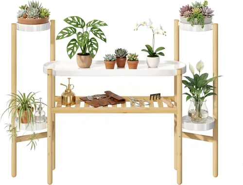 Miniatura 10 de APRTAT Soporte de bambú para plantas de interior, soporte de almacenamiento de plantas de 2 niveles de altura para múltiples plantas, estante