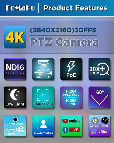 Miniatura 8 de FoMaKo Cámara PTZ HDMI K20UH 4K con seguimiento automático AI (Gen 3), certificado NDI HX3, zoom óptico 20X, USB 3.0/LAN, cámara PTZ 4K para Negro