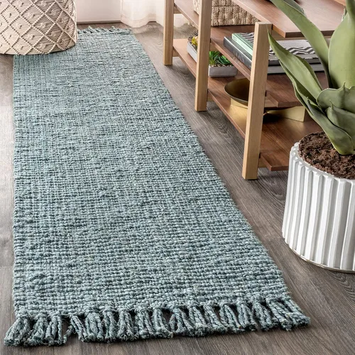 Miniatura 12 de JONATHAN Y Alfombra de yute tejida a mano con borlas color azul claro/gris, 5x8, Pata, estilo bohemio, rústico, de cabaña, fácil de limpiar
