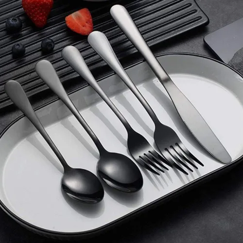 Miniatura 4 de Juego de cubiertos negros para 12 cubiertos de acero inoxidable, 60 piezas, cuchara, tenedor, cuchillo, utensilios de cocina, mango redondo ancho